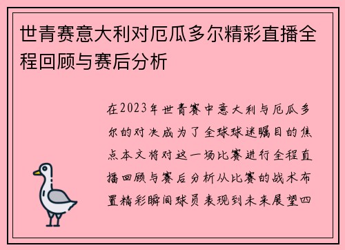 世青赛意大利对厄瓜多尔精彩直播全程回顾与赛后分析